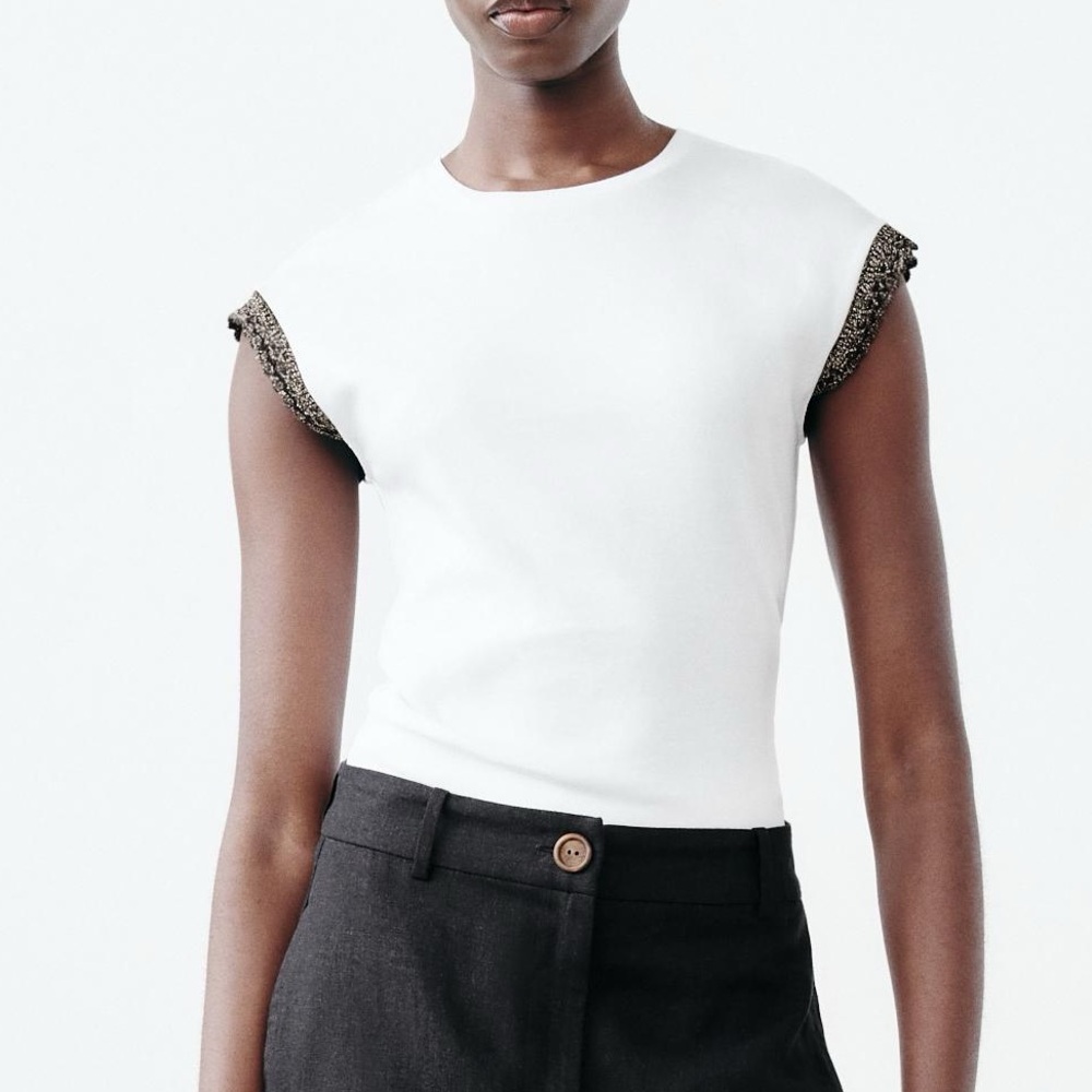 Zara embellished sleeves white tshirt